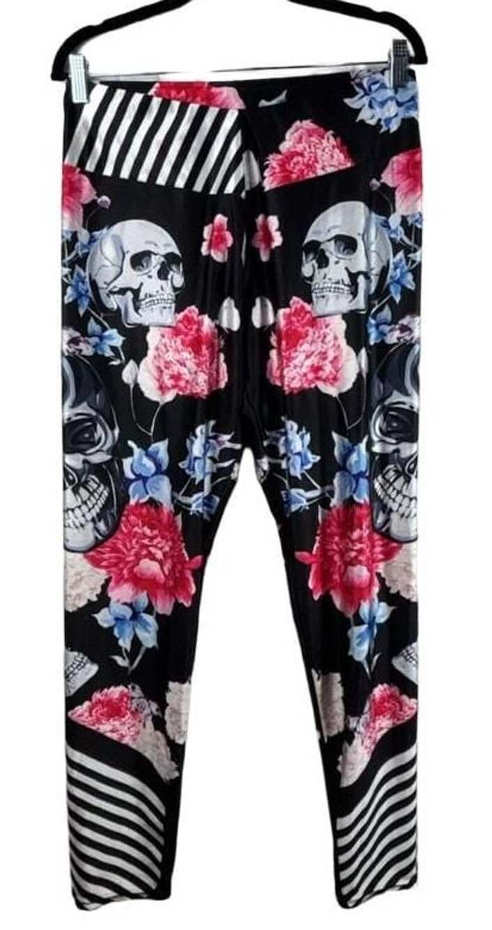 Sissycos Skull Floral Leggings Size XL Black White Striped Rose